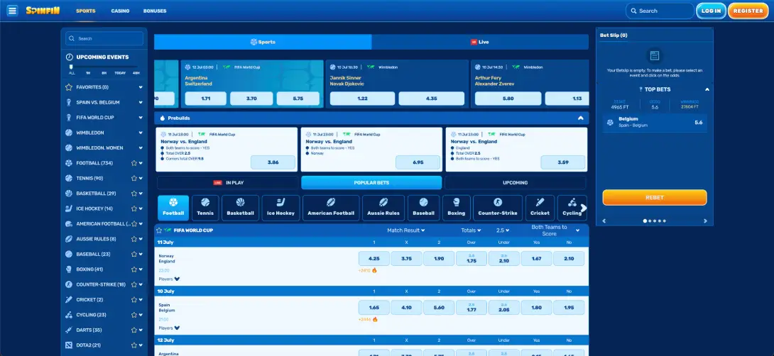 Spinfin sports and live betting interface
