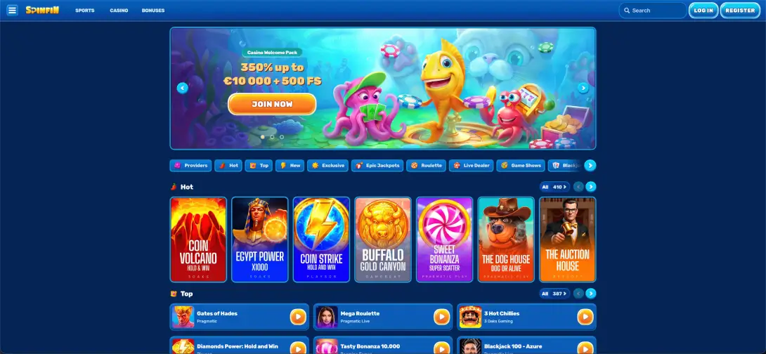Spinfin casino lobby and game categories